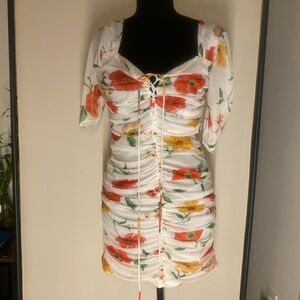 Fashion Nova White Floral Ruched Mini Dress with Red & Yellow Poppies